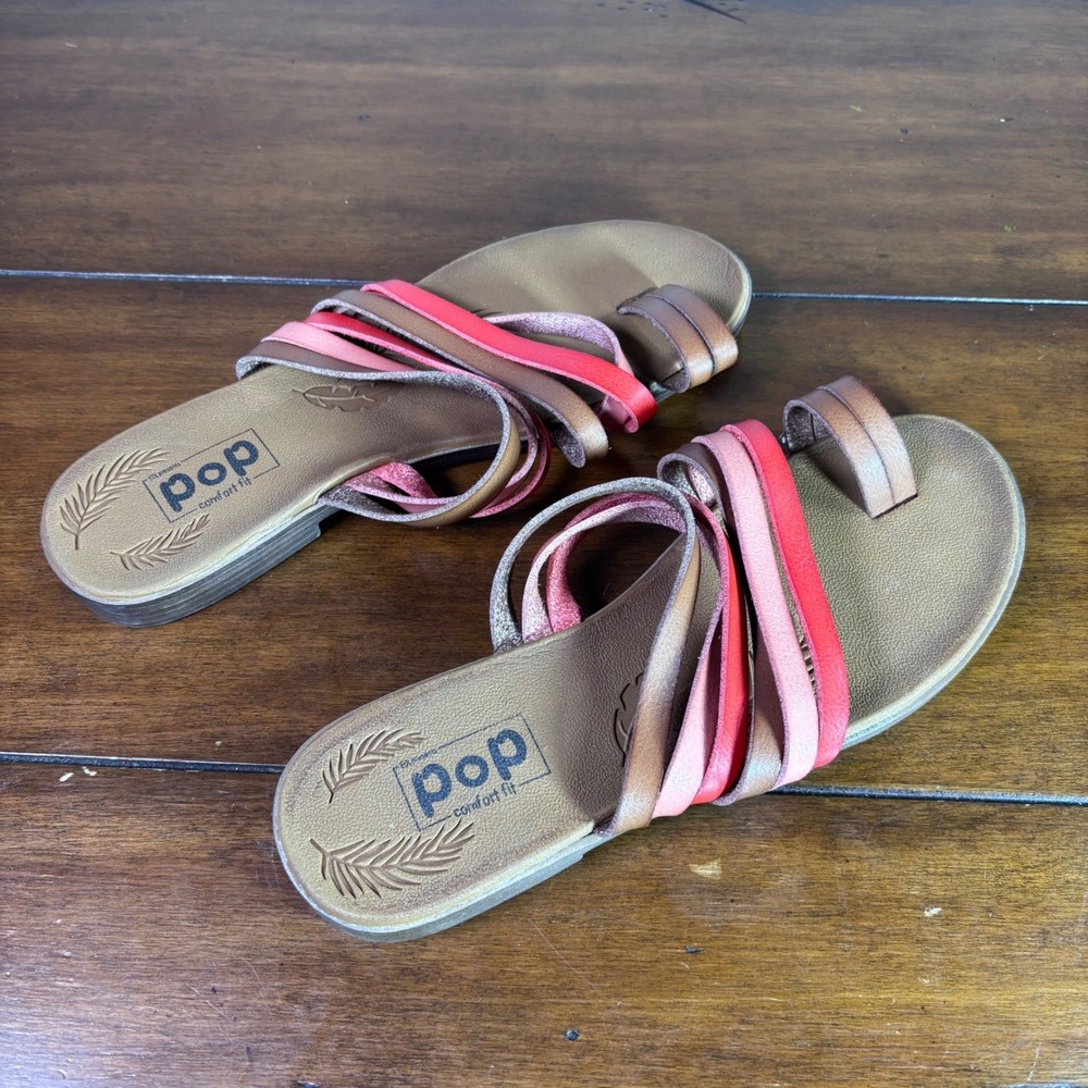 POP Currency Sandals Womens 9 Brown Red Pink Toe Loop Comfort Flat Slip On